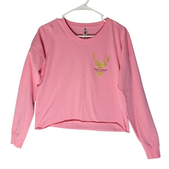 Simply Southern Metallic Deer Crop Top Tshirt L Pink Buffalo Print Long Sleeve - Picture 2 of 6